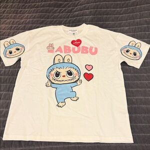 White T-Shirt with Blue and Pink LABUBU Design